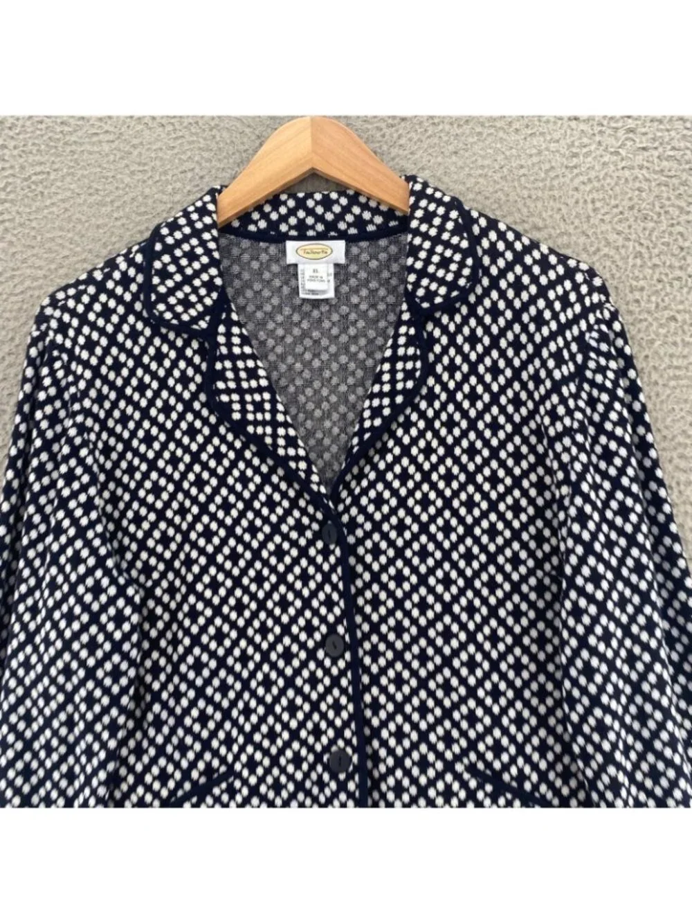 Talbots Blazer Women Extra Large VTG Navy Polka Dot Cotton Knit Cloverleaf Lapel
